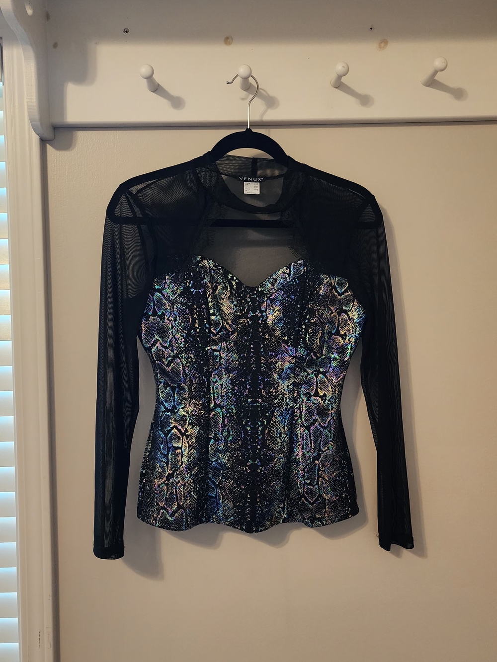 VENUS Black Mesh Long-Sleeve Corset Top with Iridescent Snake-Print Size Small